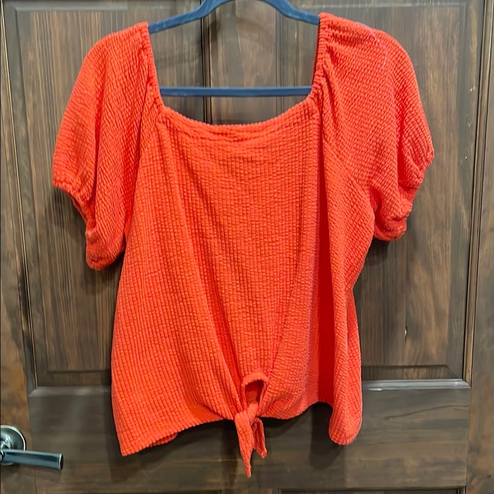 LOFT Orange Smocked Blouse with Tie Front